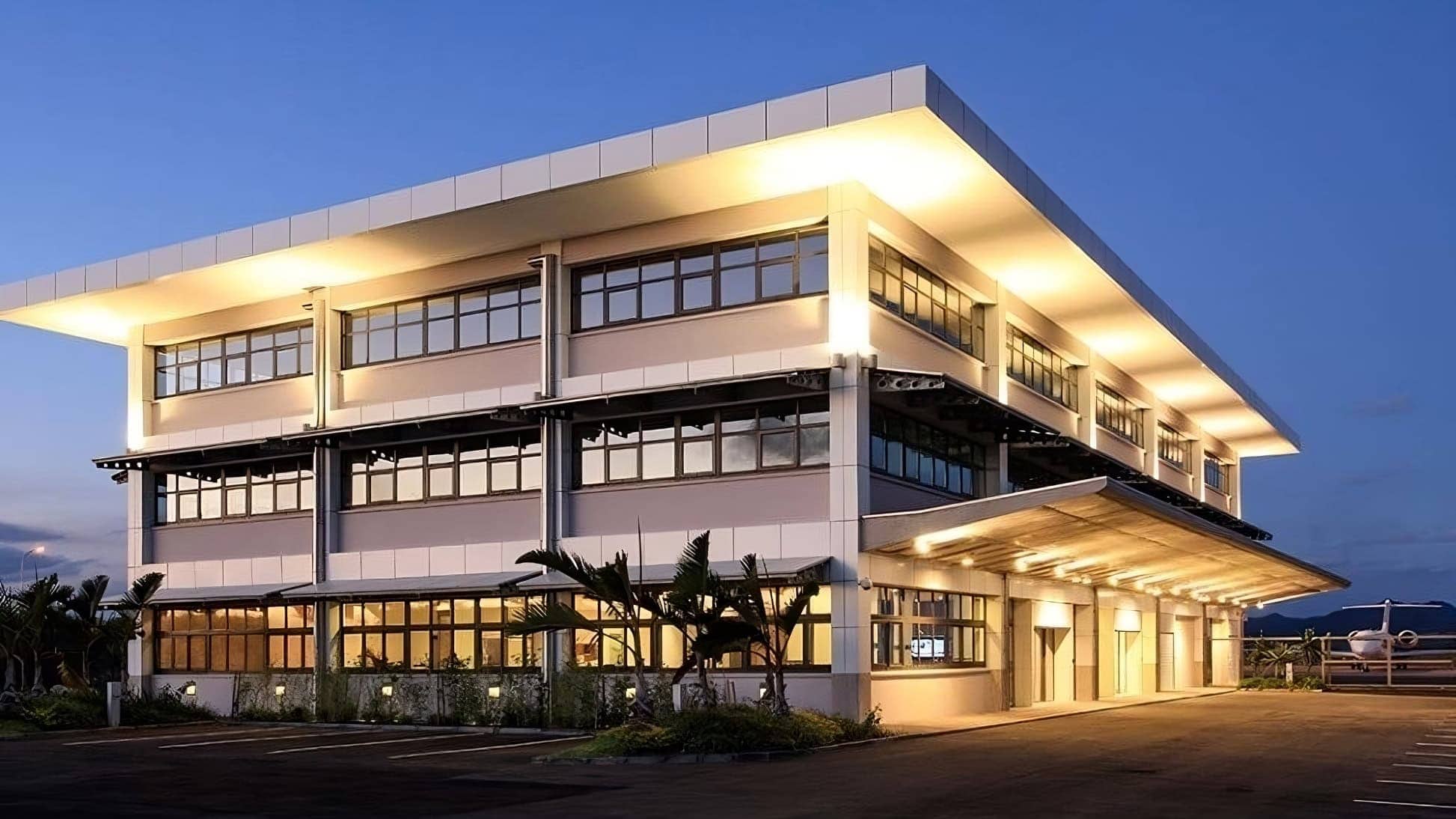Modern building with illuminated facade.