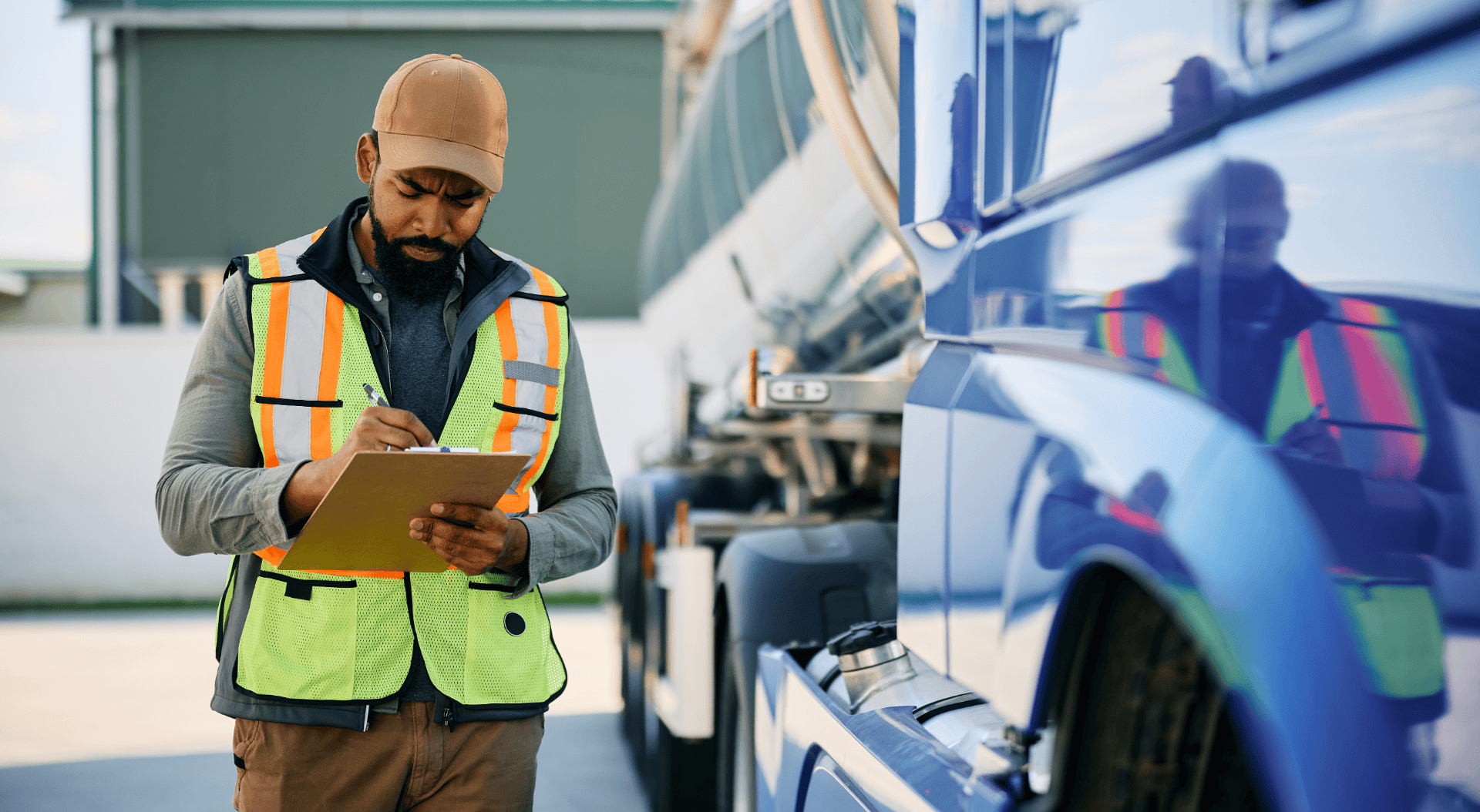Male logistics worker holding a clipboard and conducting an inspection next to a commercial fuel tanker truck
