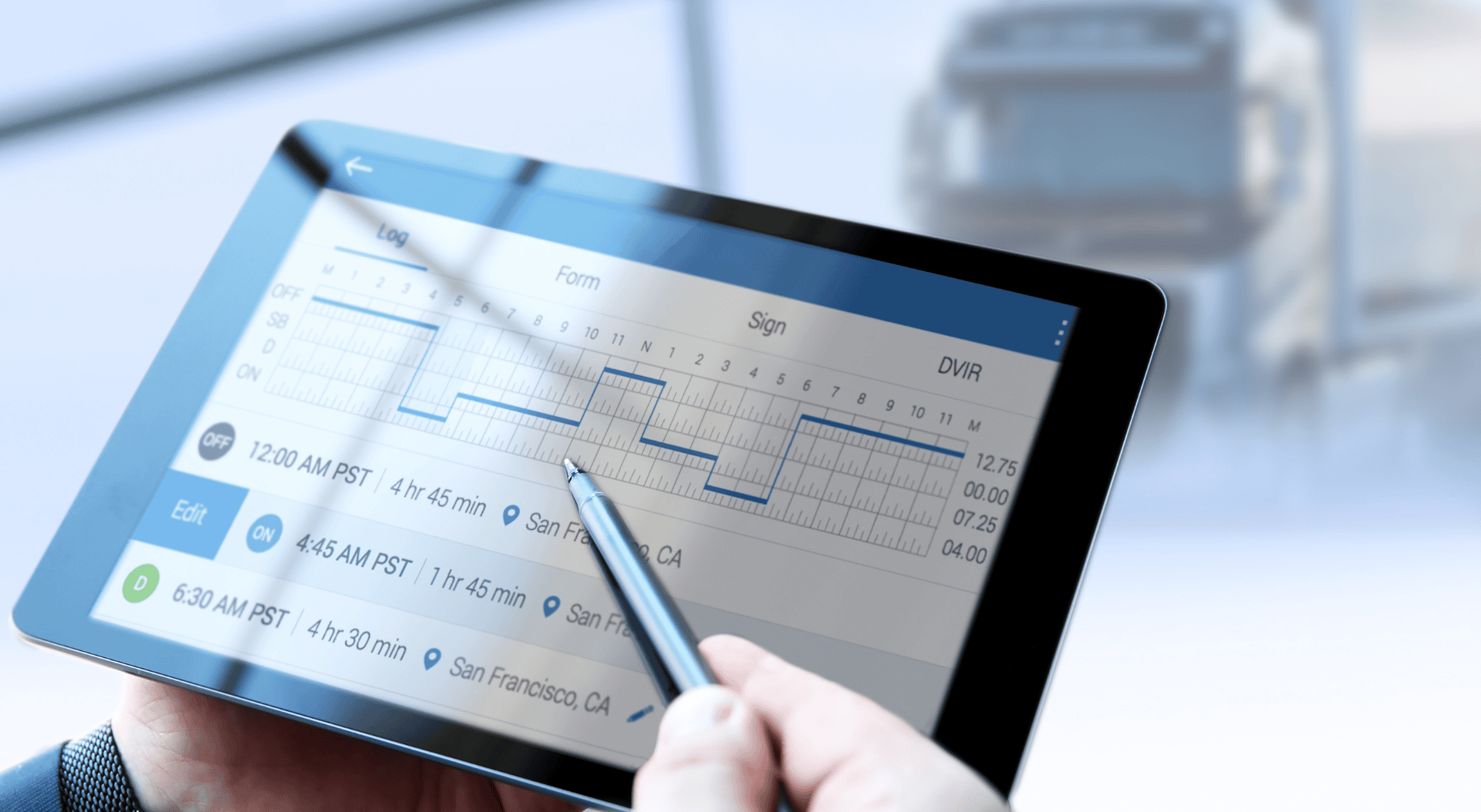 A detailed close-up of a digital tablet screen displaying operational log details