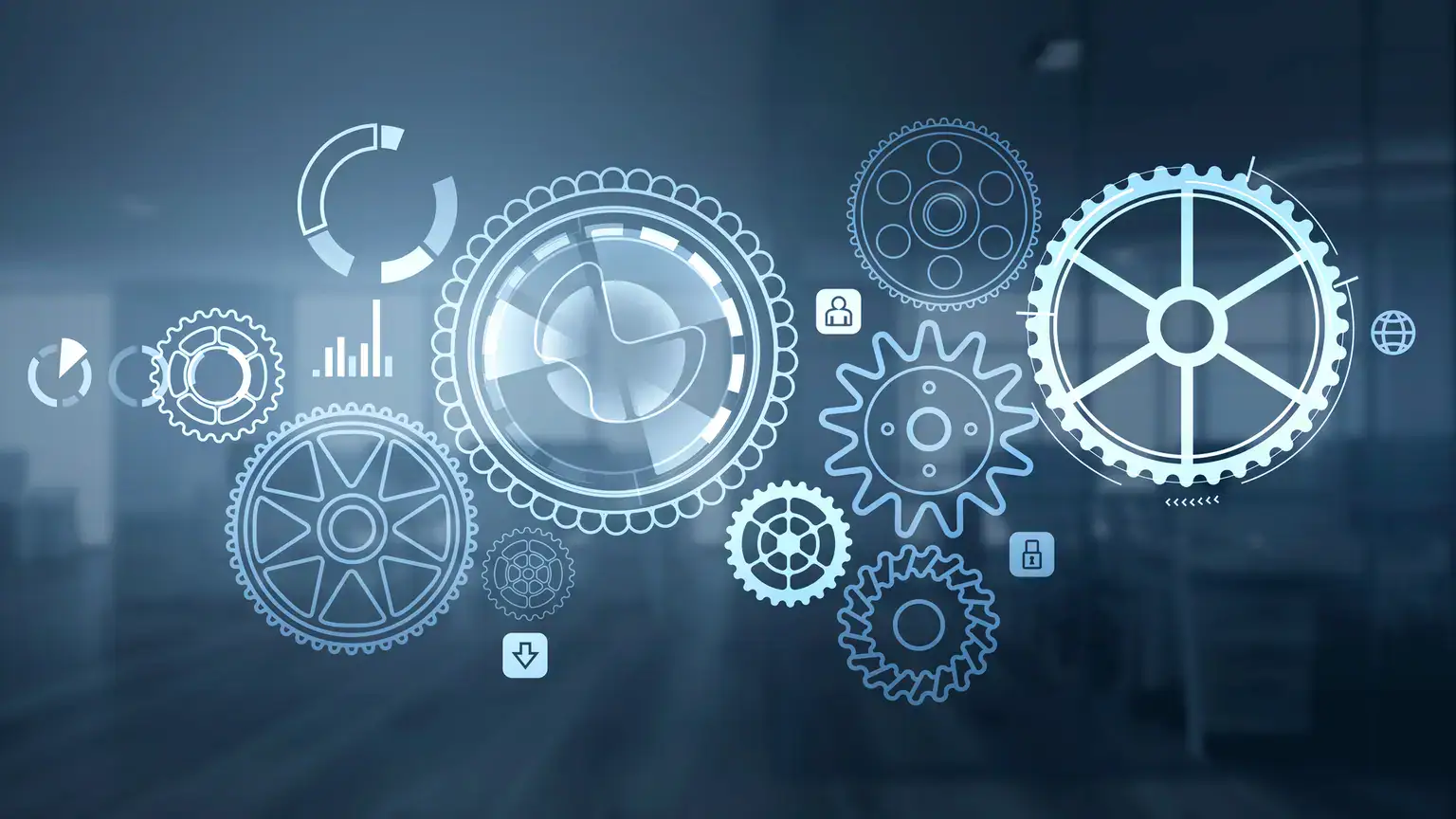 Digital illustration of interconnected gears, charts, and data icons representing automation, technology, and industrial processes.