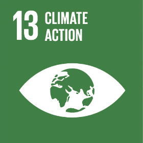 Green UN Sustainable Development Goal 13 icon featuring the number 13, the text “Climate Action,” and an eye-shaped globe containing a map of the Earth, representing efforts to combat climate change and its impacts.