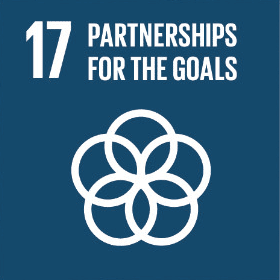 Blue UN Sustainable Development Goal 17 icon featuring the number 17, the text “Partnerships for the Goals,” and a circular symbol made up of interconnected segments, representing global collaboration and partnerships to achieve sustainable development objectives.
