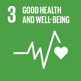 Green square representing United Nations Sustainable Development Goal 3: Good Health and Well-Being. The graphic displays the number 3, the words “Good Health and Well-Being,” and a white electrocardiogram-style heartbeat line with a heart icon.
