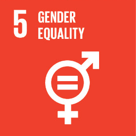 Green UN Sustainable Development Goal 5 icon featuring the number 5, the text “Gender Equality,” and a combined female and male gender symbol with an equals sign in the center, representing equal rights and opportunities for all genders.