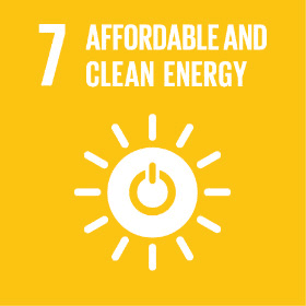 Yellow UN Sustainable Development Goal 7 icon featuring the number 7, the text “Affordable and Clean Energy,” and a sun symbol with a plug cord in the center, representing access to reliable, sustainable, and modern energy.