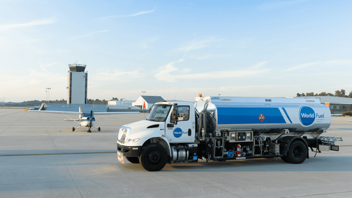 Fuel truck at airport tarmac.