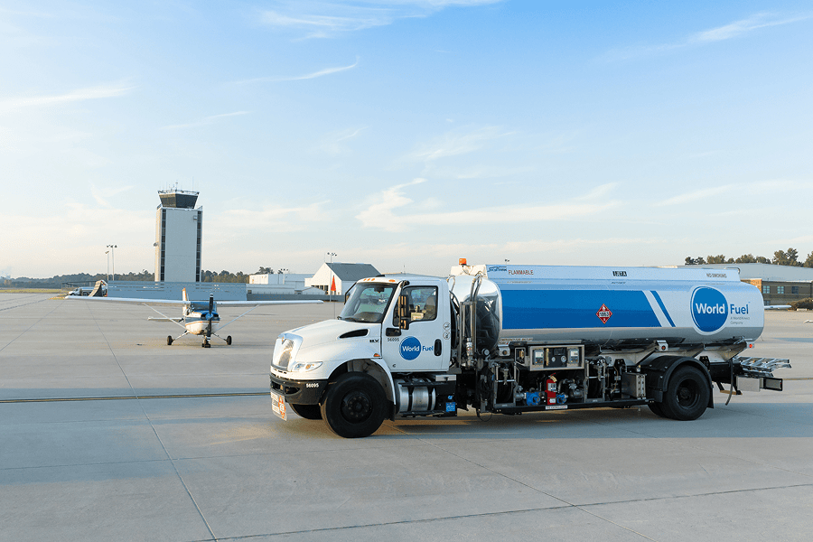 Fuel truck at airport tarmac.