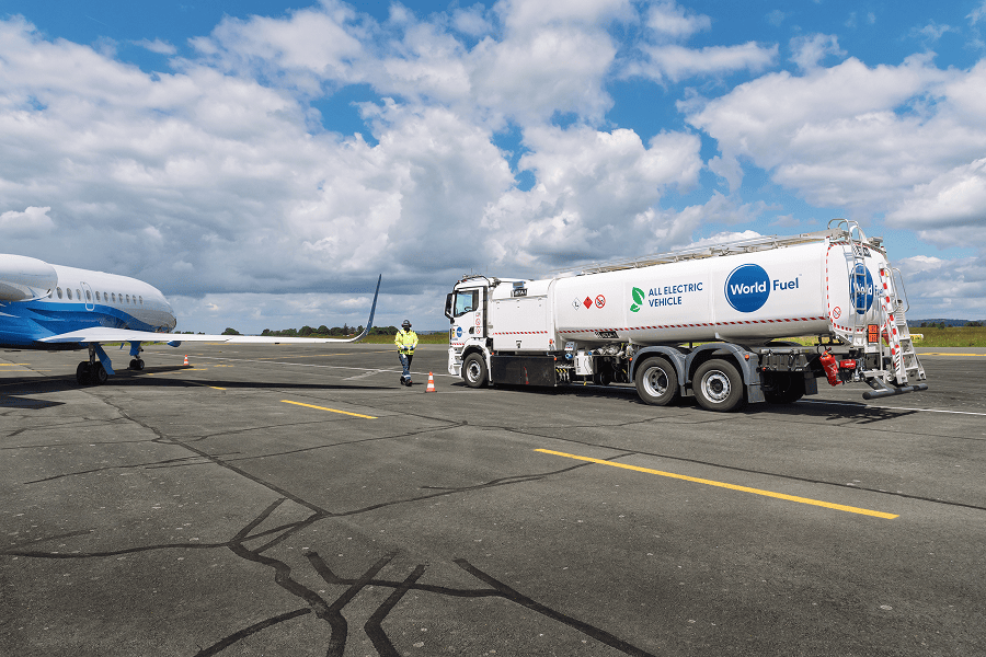 Fuel truck servicing a business jet.