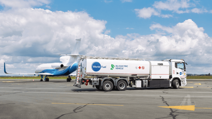 Truck refuelling a business jet.