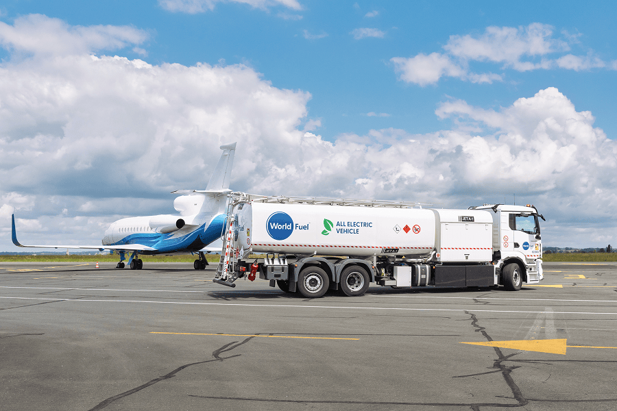 Truck refuelling a business jet.