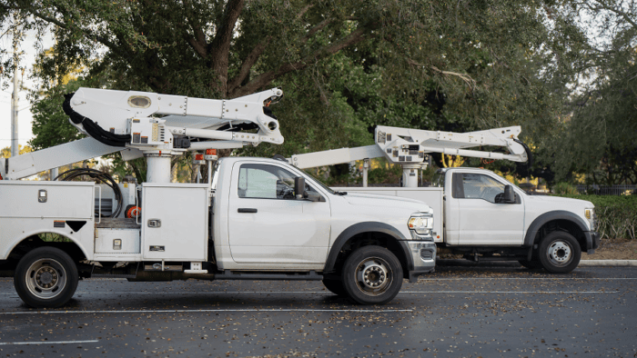 Two white utility trucks parked.