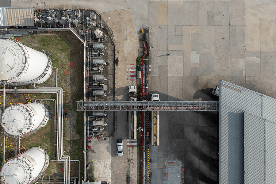 Aerial view of fuel terminal infrastructure.