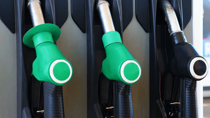 Fuel pump nozzles in various colours.