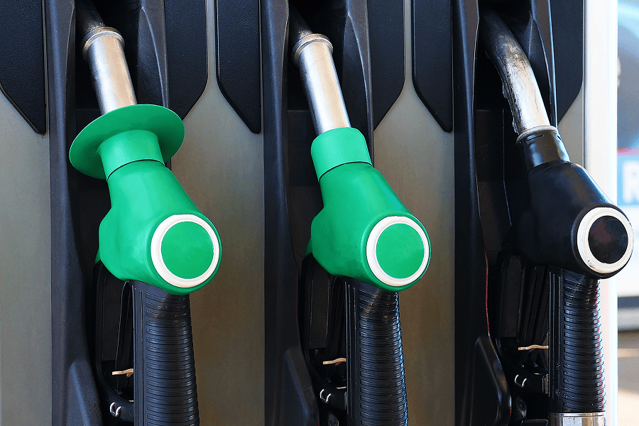 Fuel pump nozzles in various colours.