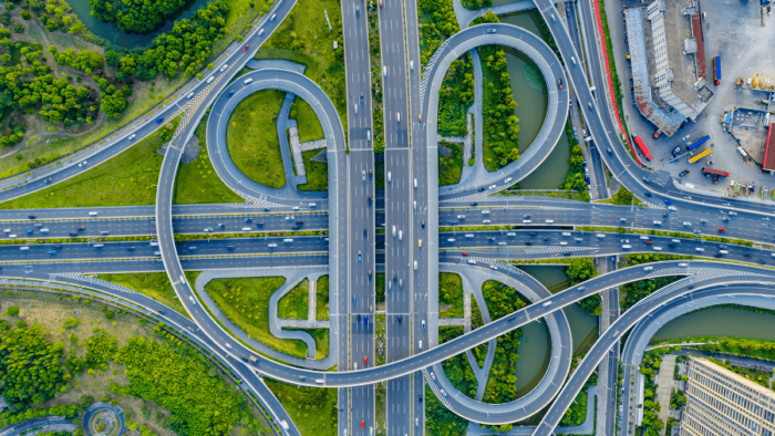 Complex aerial view of road interchange.