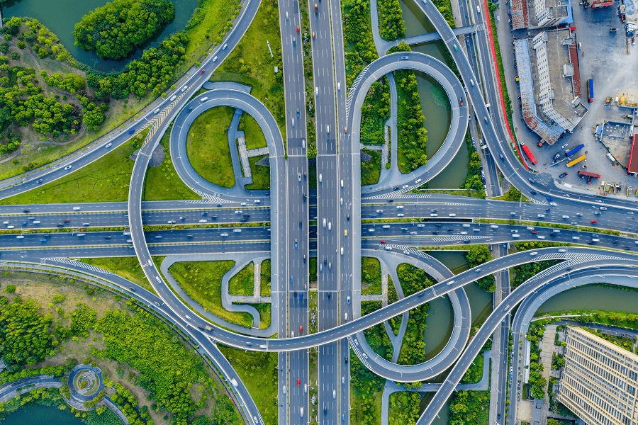 Complex aerial view of road interchange.