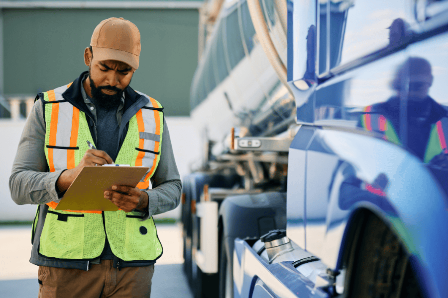 Man with clipboard and safety vest next to truck
