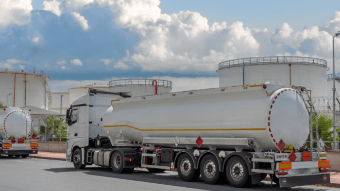 Tanker trucks at fuel distribution terminal.