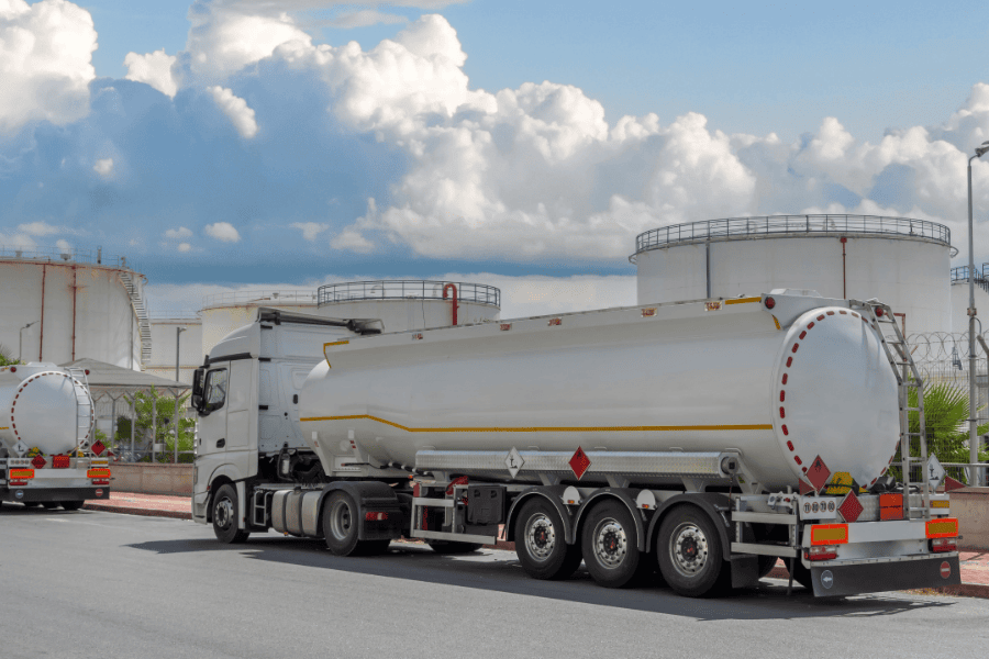 Tanker trucks at fuel distribution terminal.