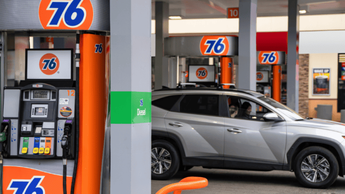 fuel pumps at gas station with car