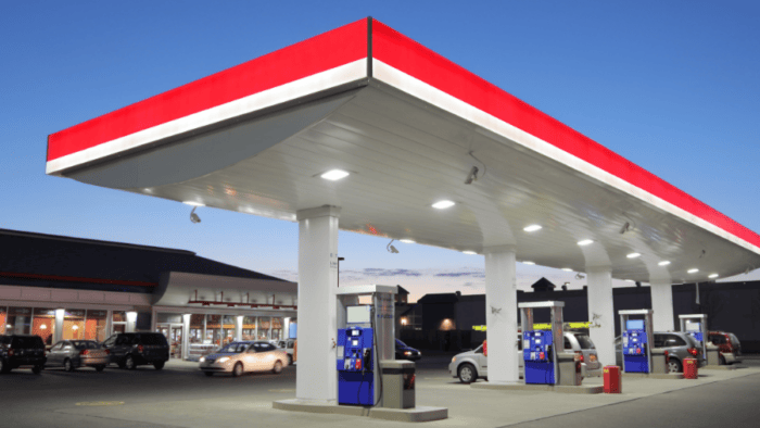 Unbranded gas station at dusk