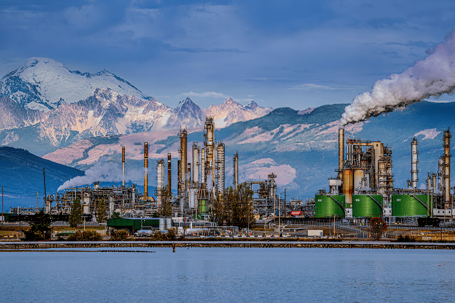 Industrial landscape with mountains backdrop in Anacortes.