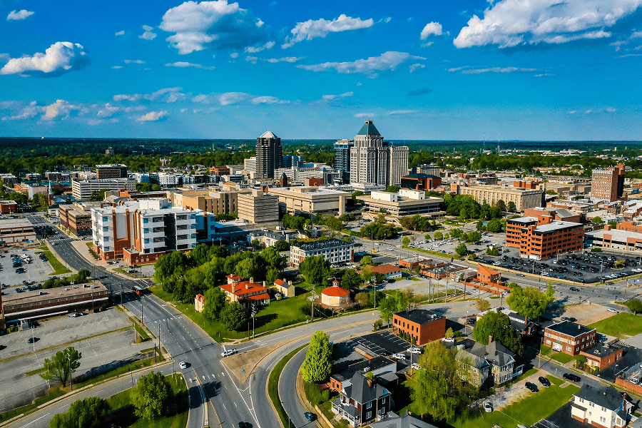 Aerial view of Greensboro cityscape.