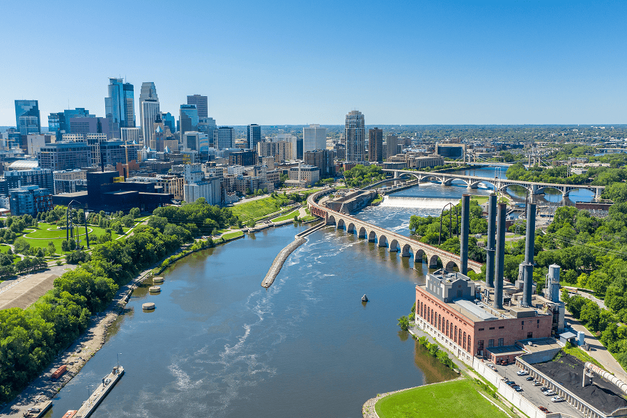 Aerial view of Minneapolis skyline and river.