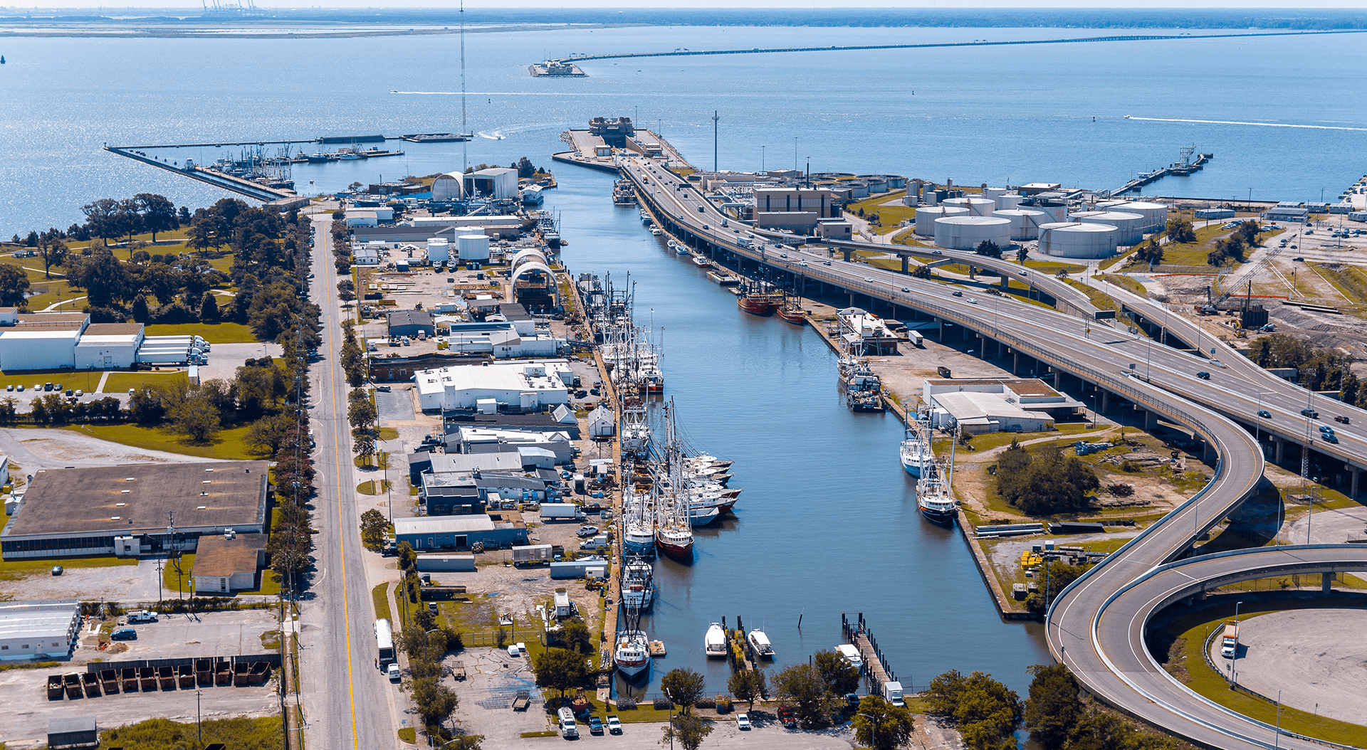 Aerial view of a busy Newport News harbour.