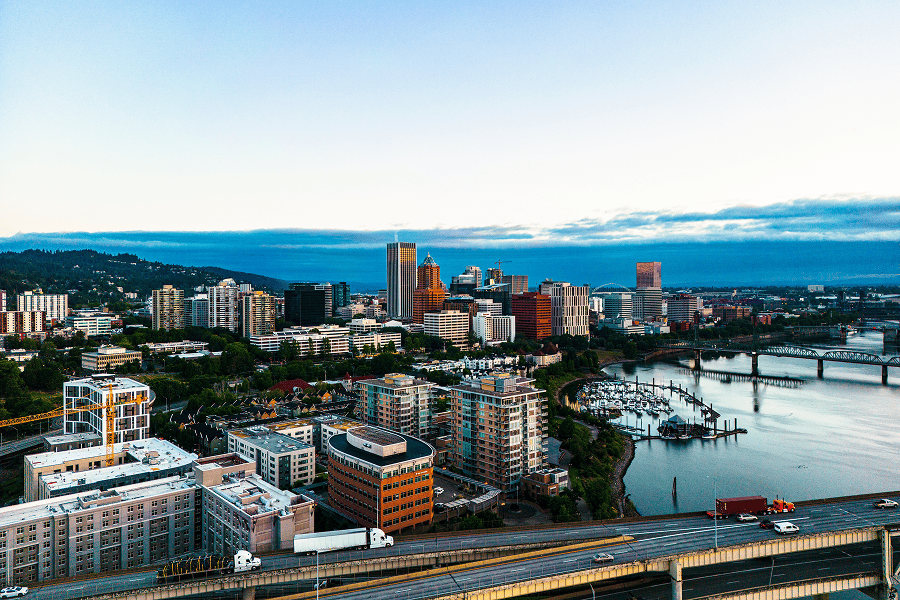 Portland's city skyline with river and bridges.