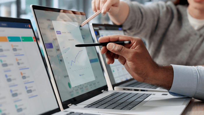 people going over graphs in laptop