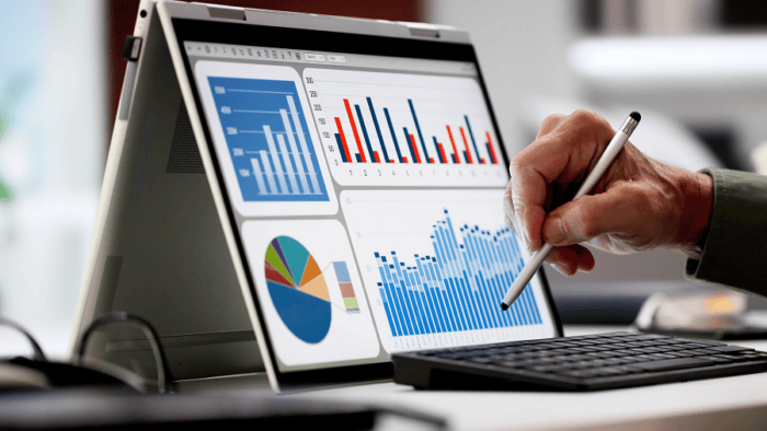 Analyst reviewing data on laptop screen.