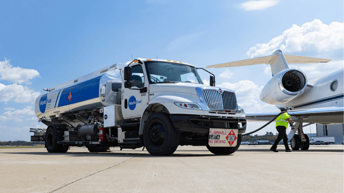 Fuel truck servicing private jet aircraft