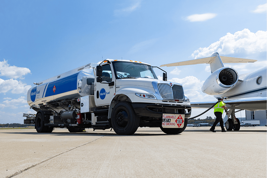 Fuel truck servicing private jet aircraft