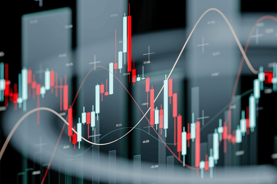 Candlestick chart showing fluctuating prices.