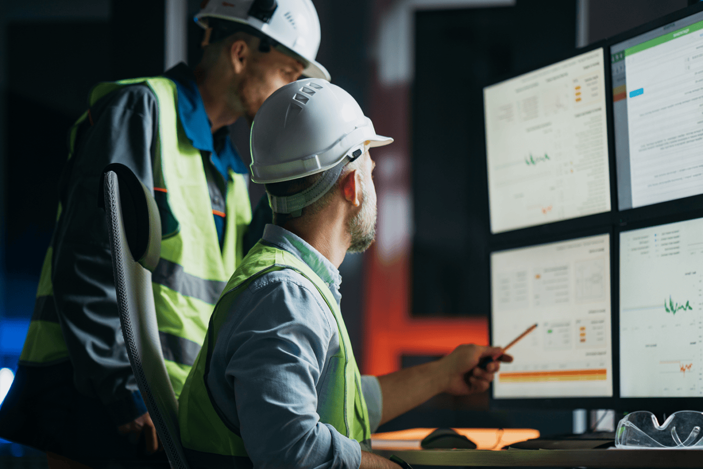 Engineers analysing data on multiple screens.