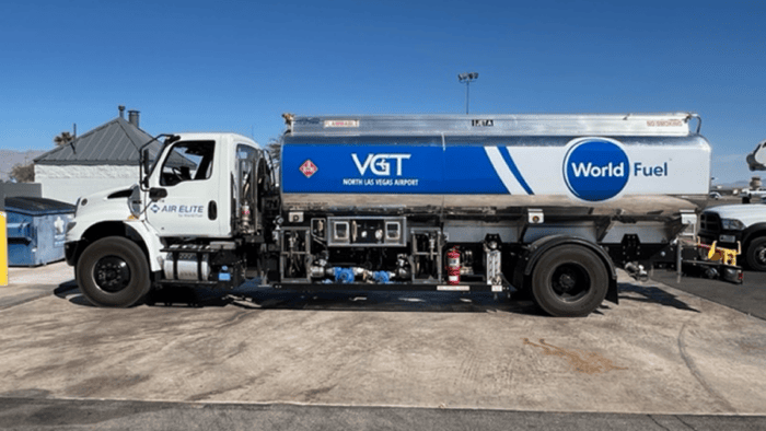 A clean side view of an Air Elite branded aviation fuel truck parked on an airfield tarmac.