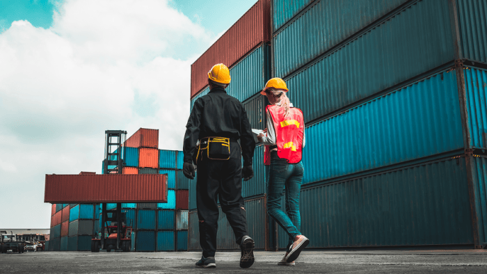 A maritime cargo container depot stacked with shipping containers, with two logistics workers walking by the yard