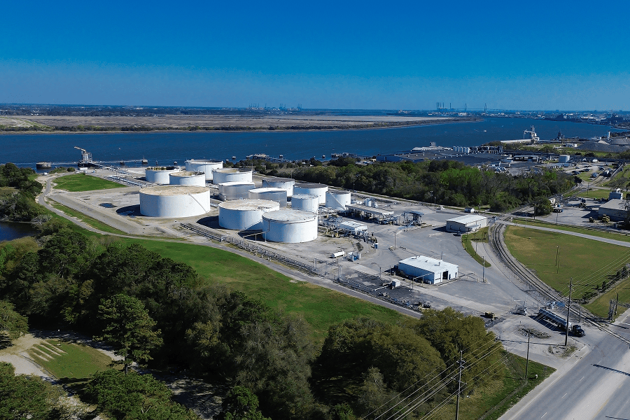 Industrial tanks by a river