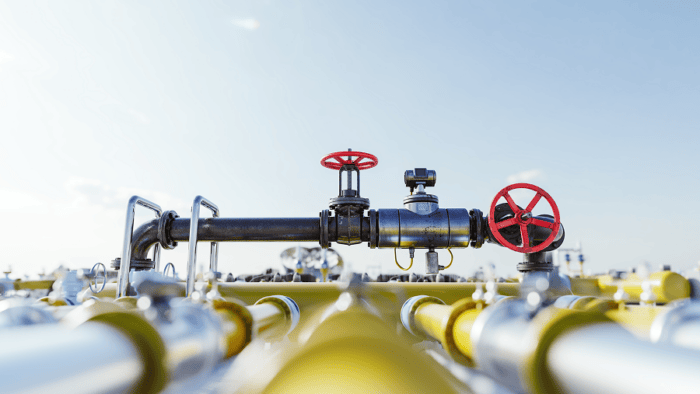 Industrial gas pipeline with valves visible