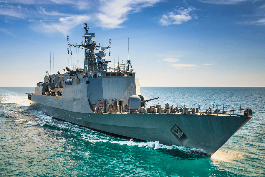 A naval operations vessel conducting maritime patrol maneuvers