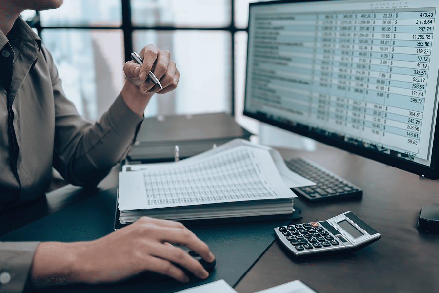 A corporate analyst looking at a data sheet on a computer screen