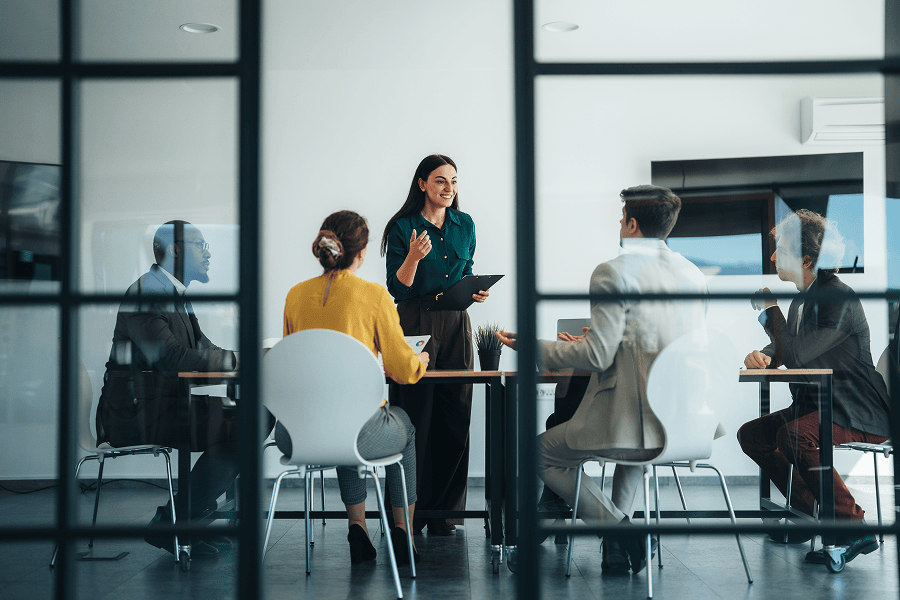 A group of modern business professionals collaborating