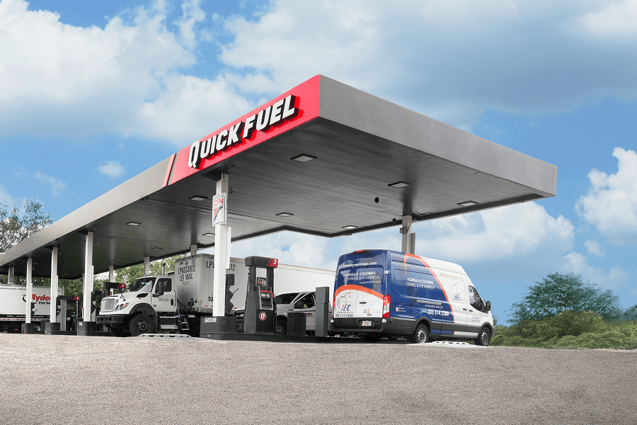 Fuel station with trucks and vans.
