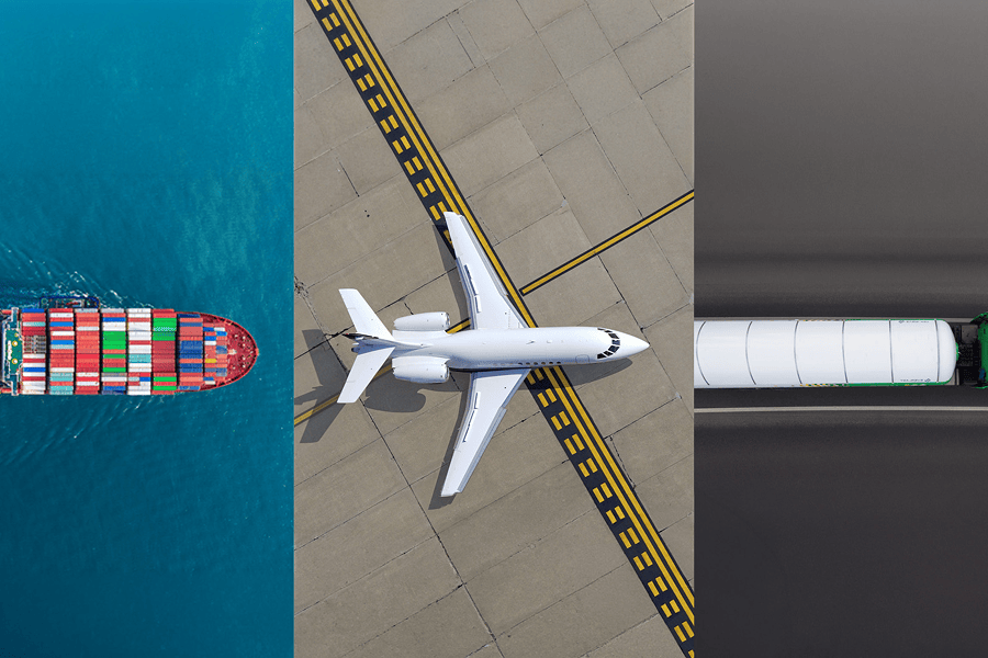 Transport modes: ship, plane, truck.