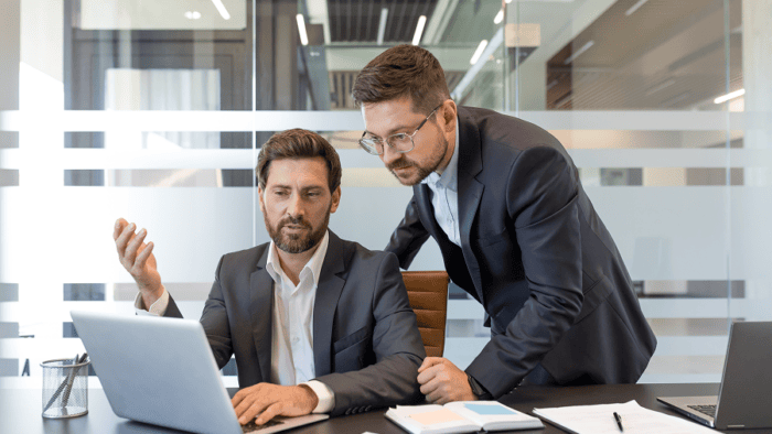 Two businessmen discussing strategy over laptop.