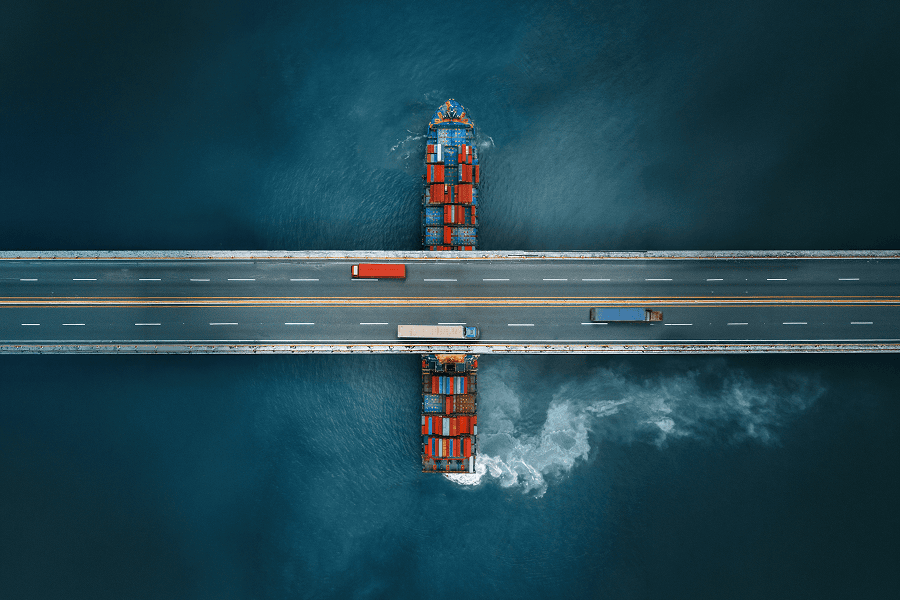 A large commercial container ship passing under a bridge