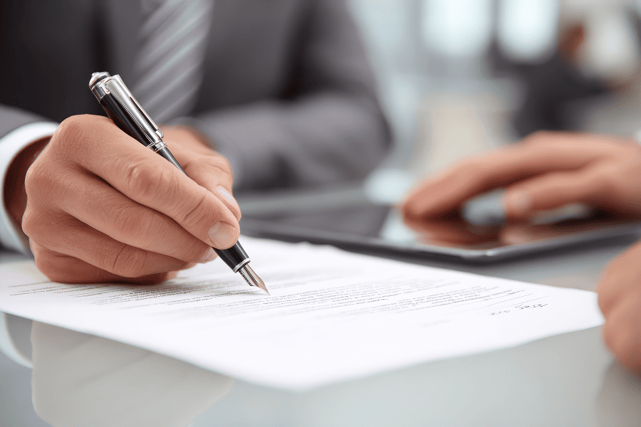 hand holding pen about to sign a document