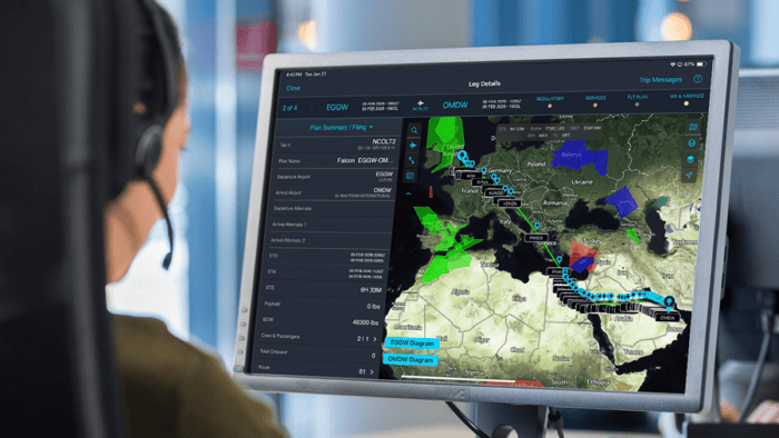 Person monitoring flight route on screen.