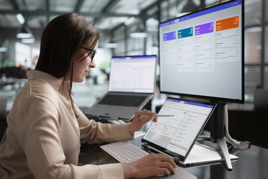 woman looking at laptop screen